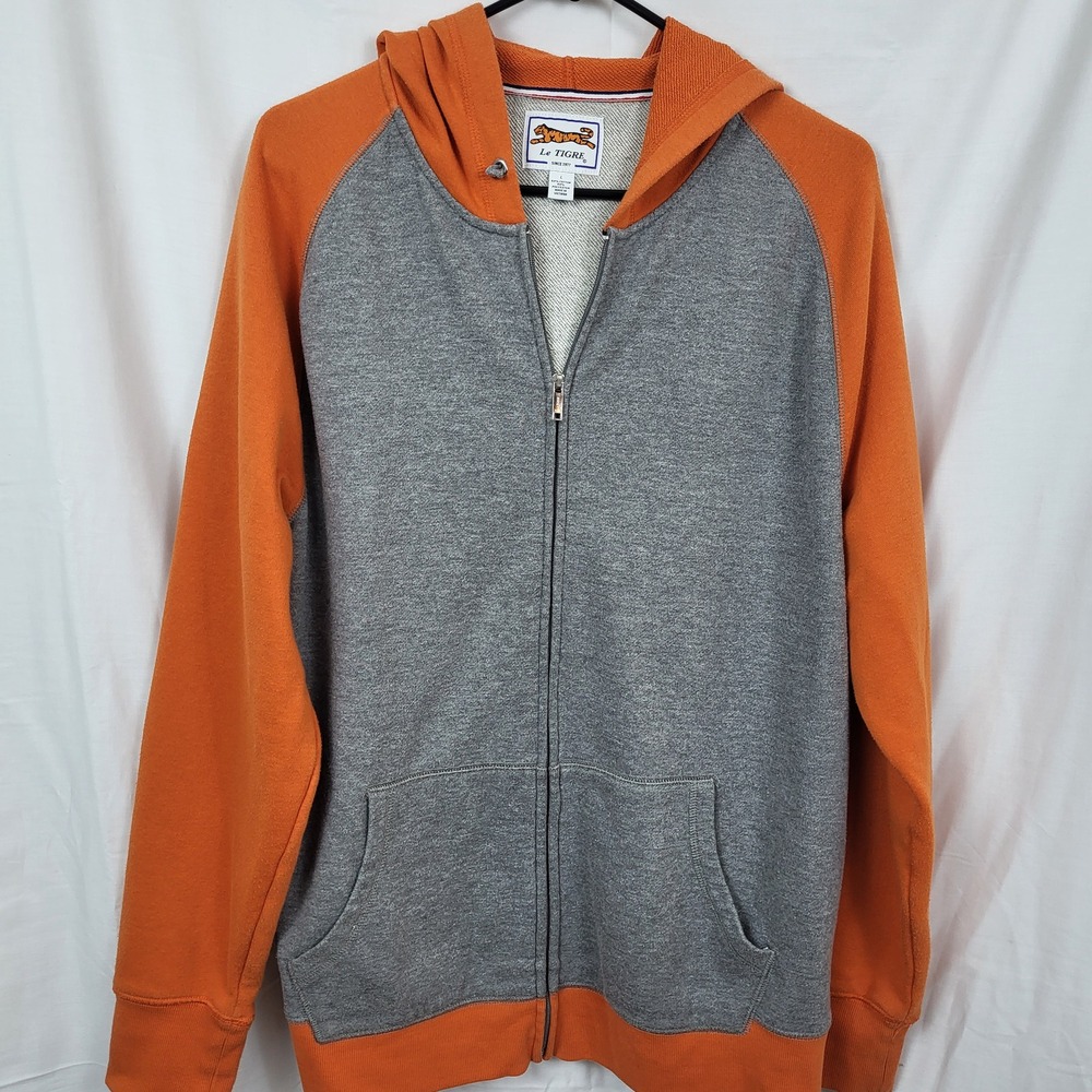 Le Tigre Mens Full Zip Hoodie Gray Orange Colorblock Raglan Sweatshirt Large
